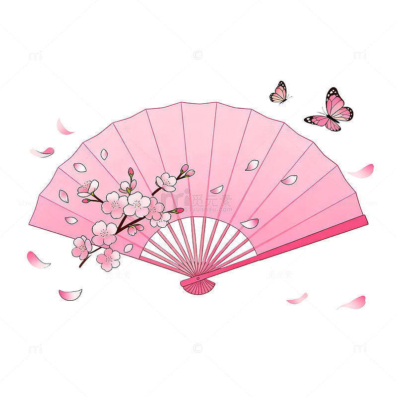 手绘风樱花折扇蝴蝶装饰设计素材