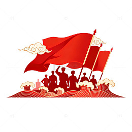 剪纸风红色旗帜人物群像设计素材