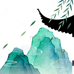 水墨风山水亭台手绘背景设计素材
