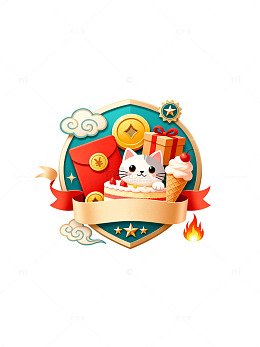 卡通风春节萌猫礼物徽章设计素材