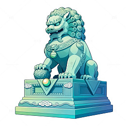 卡通风格青色石狮雕塑插画素材