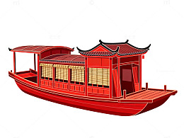 卡通风中式古船红色手绘设计素材