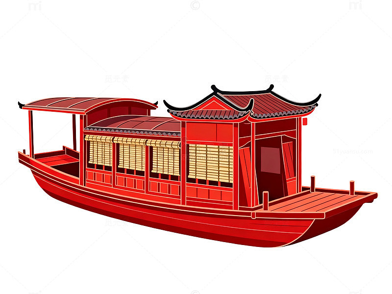 卡通风中式古船红色手绘设计素材