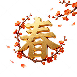 金色立体春字梅花枝装饰设计素材