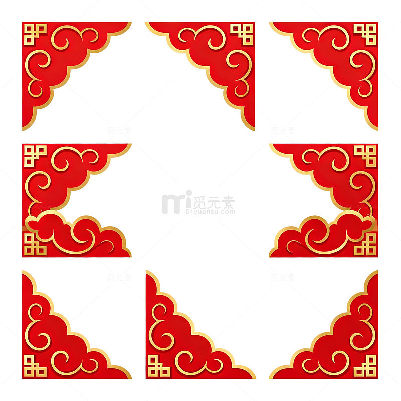 中式风红色祥云角花装饰设计素材