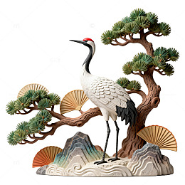 国风手绘仙鹤松树摆件设计素材