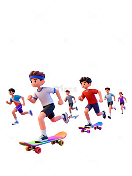 3D卡通风格滑板少年运动场景设计素材