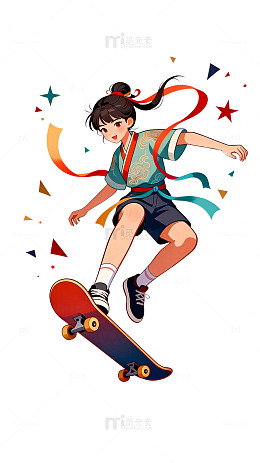 国风少女滑板运动插画设计素材