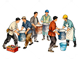 复古风工人搬运水桶手绘插画素材