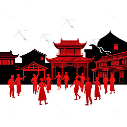 剪纸风春节庙会人物建筑设计素材