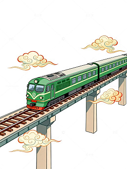 卡通风格绿色火车轨道桥梁插画素材