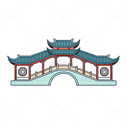 线描风中式拱桥建筑插画设计素材
