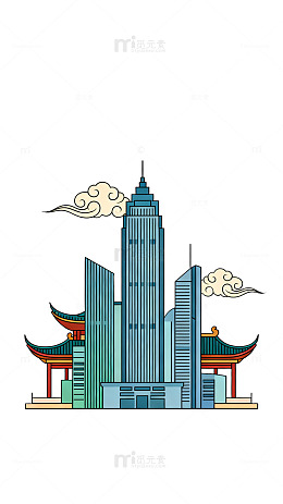 扁平风城市建筑融合传统元素设计素材