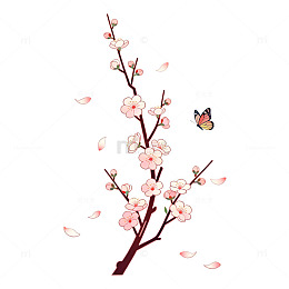 手绘风樱花枝蝴蝶矢量设计素材