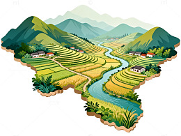 卡通风格田园梯田河流景观设计素材