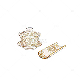 手绘风中式茶具套装设计素材