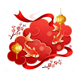 国风新年锦鲤红绸装饰设计素材
