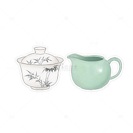 手绘风茶具竹纹青瓷设计素材