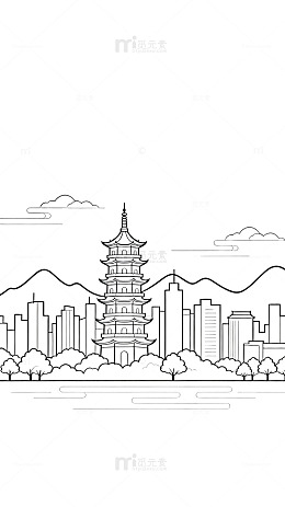 线条风城市古塔景观设计素材