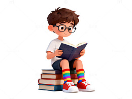 卡通风男孩阅读书籍3D设计素材