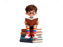 卡通风男孩读书堆书本插画素材