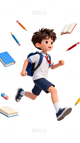 3D卡通学生奔跑学习用品素材