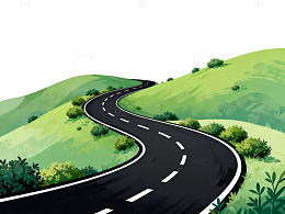 卡通风格蜿蜒公路绿色山丘插画素材