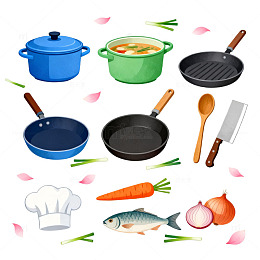 卡通风格厨房厨具食材插画设计素材