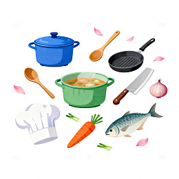 卡通风格厨房食材烹饪工具矢量素材