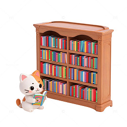 卡通风猫咪读书书架场景设计素材