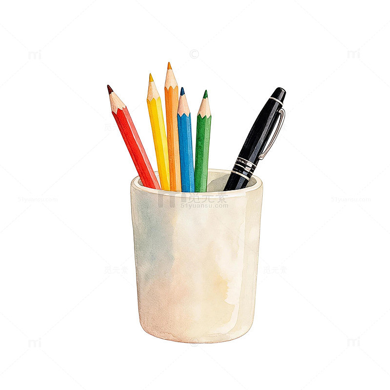 水彩风彩色铅笔文具杯插画素材