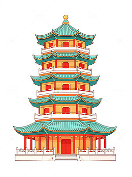 卡通风格中国古塔建筑插画设计素材