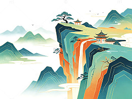 国风山水瀑布古亭插画设计素材