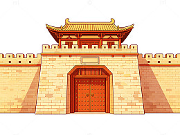 卡通风格古代城门城墙建筑插画素材