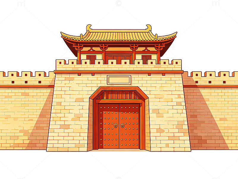 卡通风格古代城门城墙建筑插画素材