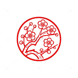 剪纸风梅花枝条圆形图案设计