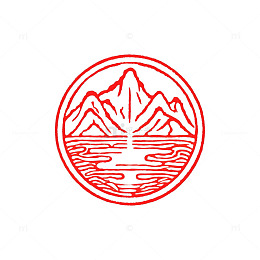 线条风山水意境圆形印章设计素材
