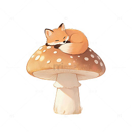 卡通风格狐狸睡在蘑菇上插画设计素材