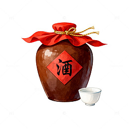 国风手绘酒坛与酒杯插画设计素材