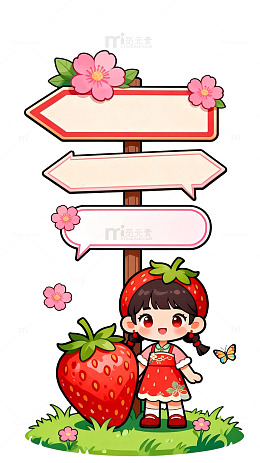 卡通风草莓女孩路标插画设计素材