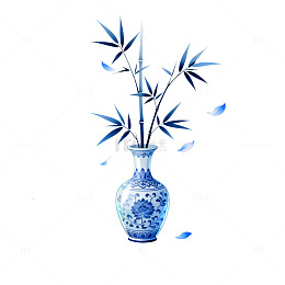 水墨风竹枝青花瓷瓶插画设计素材