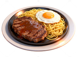 写实风牛排意面煎蛋美食插画素材