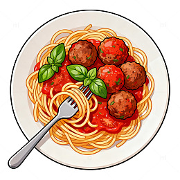 卡通风格意大利面肉丸美食插画素材