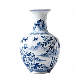青花瓷风格山水花鸟纹瓶设计素材