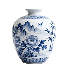 青花瓷风格山水花鸟纹饰陶瓷瓶设计素材