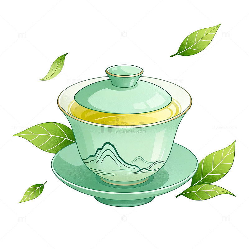 手绘风茶具茶叶清新插画设计素材