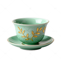 青瓷风茶杯金色枝叶陶瓷设计素材