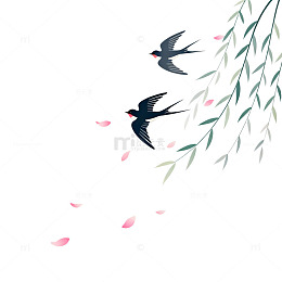 国风手绘春日燕子柳枝花瓣设计素材