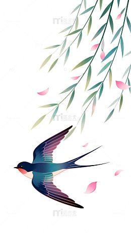 国风手绘燕子柳枝春日插画素材