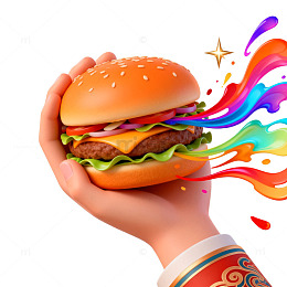 插画风手捧汉堡彩虹喷溅设计素材